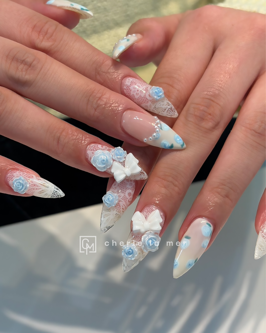 #032 White Lace Blue Rose Ribbon